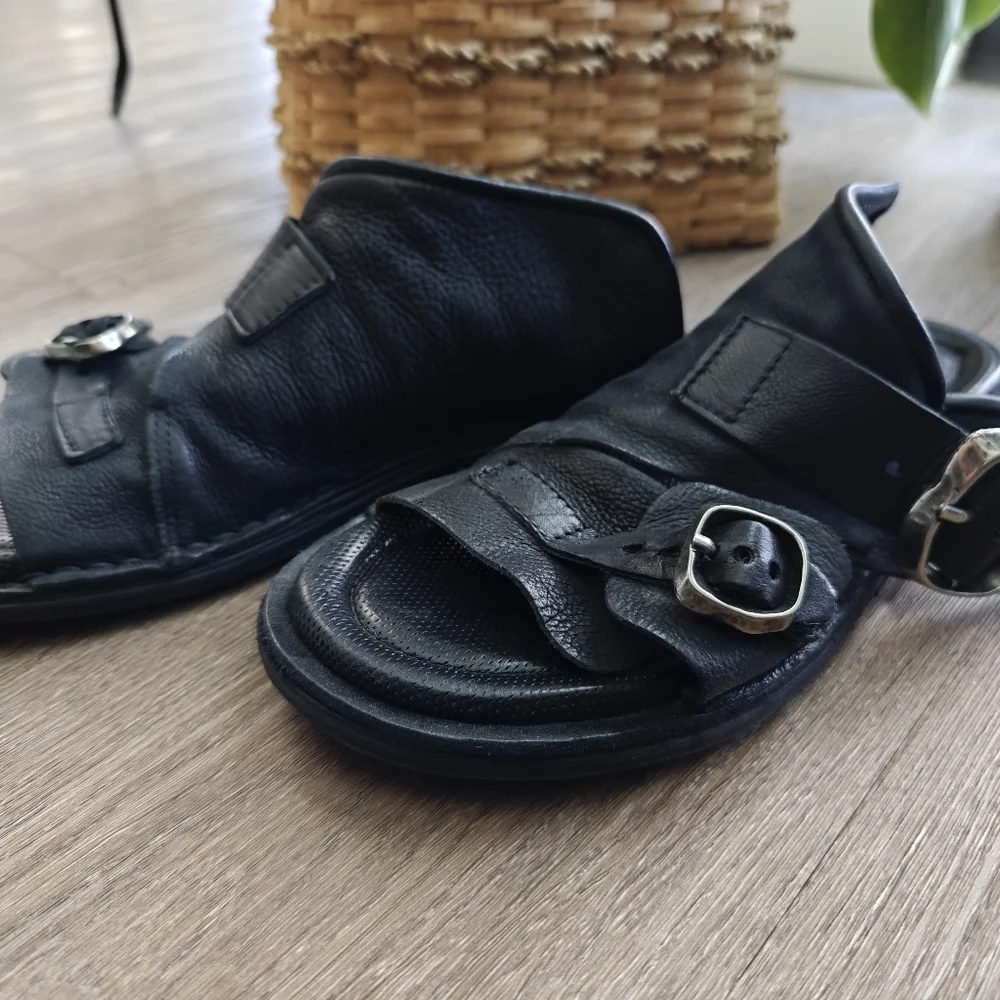 A.S. 98 Tavon Sandals - Black Leather Slide Sandals with Buckle Straps - Picture 5 of 6